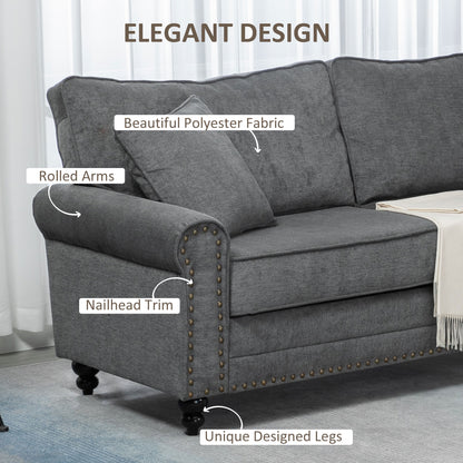 196cm 3 Seater Sofa, Fabric Sofa with Rubber Wood Legs, Nailhead Trim, 2 Pillows, Small Upholstered Couch Settee for Living Room, Guest Room, Grey