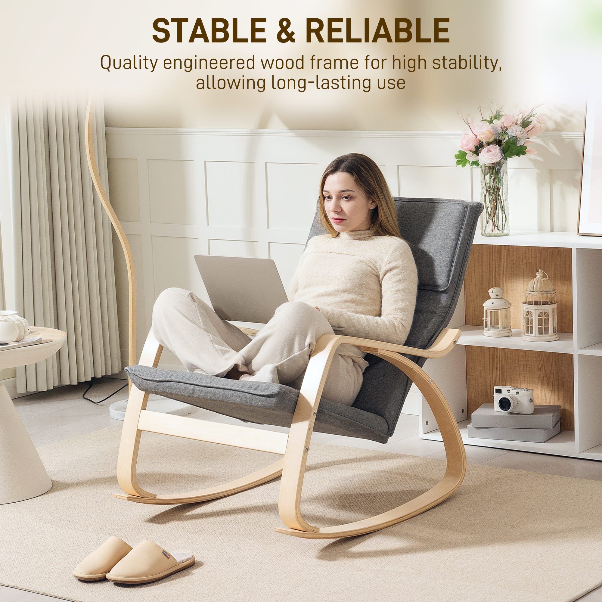 HOMCOM Comfortable Relax Rocking Chair, Upholstered Lounge Chair Recliner with High Back and Headrest for Living Room, Bedroom, Grey