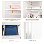 2 Door 3 Drawer Mirrored Wardrobe with Hanging Rail, Modern Clothes Storage Cupboard with Mirror, Drawers and Adjustable Shelves for Bedroom, 80 x 50 x 180 cm, White