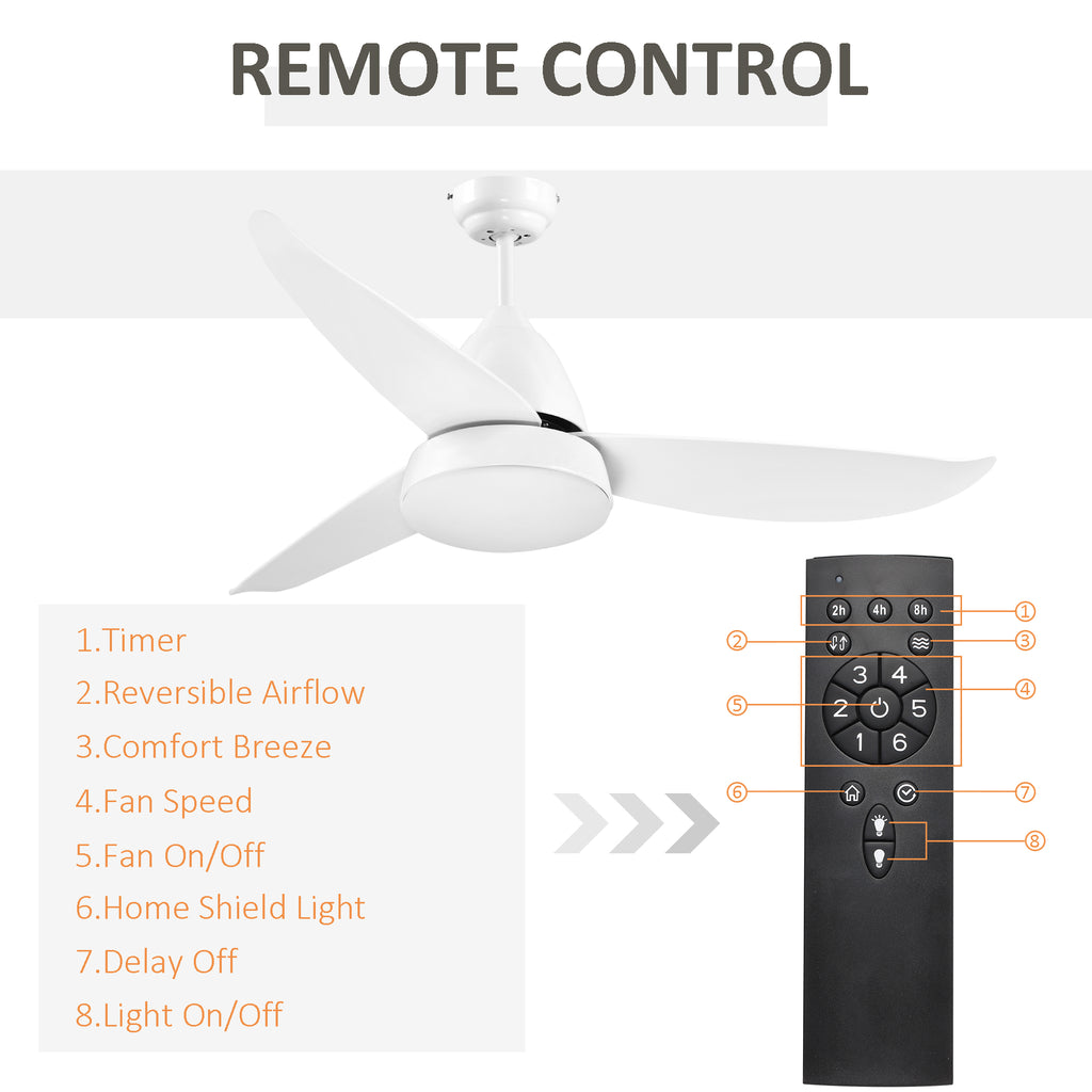 Modern Ceiling Fan with Light, 48-Inch White Small Fans for Bedroom Indoor, Reversible Flush Mount Low Profile Ceiling Light with Remote Control, 3 Blades, 6 Speeds, Timer