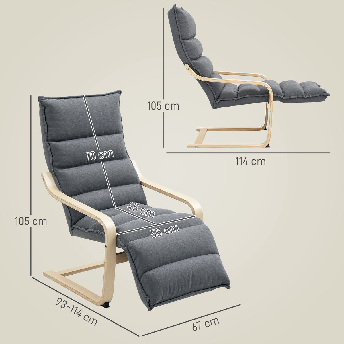 Curved Wooden Accent Chair, with Adjustable Footrest - Drak Grey