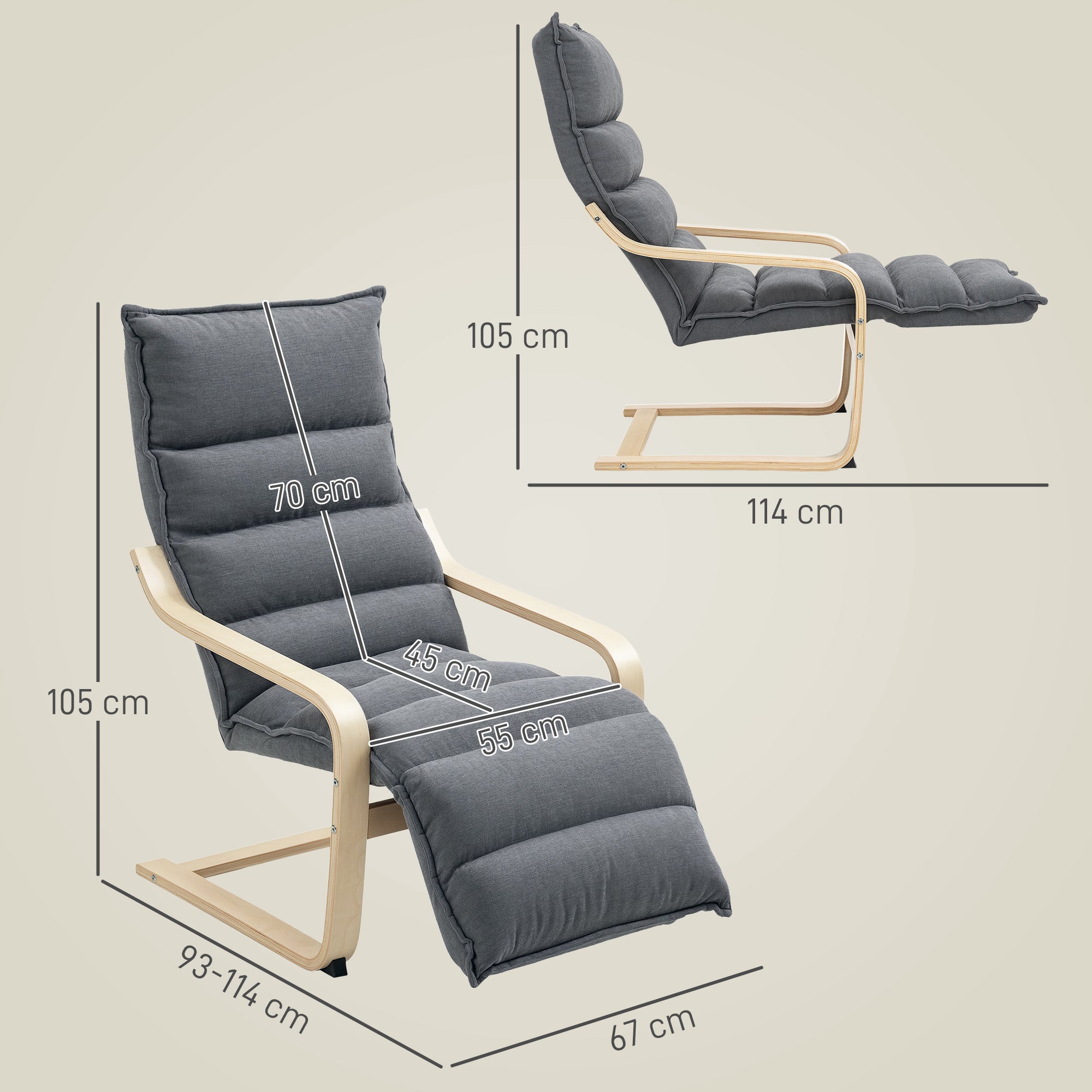 HOMCOM Curved Wooden Accent Chair, with Adjustable Footrest - Drak Grey