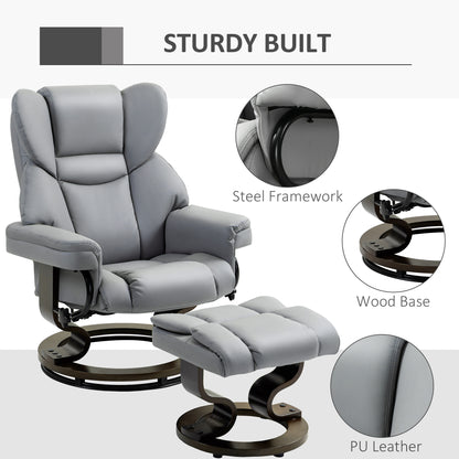 360° Swivel Recliner Chair with Footstool, PU Leather Manual Recliner Armchair with Footstool, Solid Wood Base, Upholstered Reclining Chair for Living Room, Bedroom, Office, Light Grey