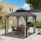 Outsunny 3 x 3(m) Hardtop Gazebo Canopy with Double Metal Roof, Waterproof Permanent Pavilion Garden Gazebo with Netting and Curtains, Easy to Assemble, Beige