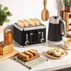Electric Stainless Steel Kettle and Toaster Set, 3000W 1.7L UK Strix Thermostat Fast Boil Kettle w/ Limescale Filter, Cool Touch Body, 4 Slice Toaster with 7 Browning Levels, Black
