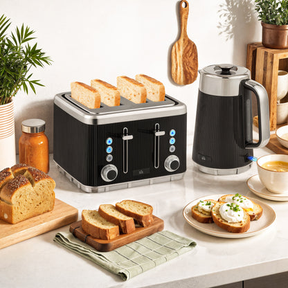 Electric Stainless Steel Kettle and Toaster Set, 3000W 1.7L UK Strix Thermostat Fast Boil Kettle w/ Limescale Filter, Cool Touch Body, 4 Slice Toaster with 7 Browning Levels, Black