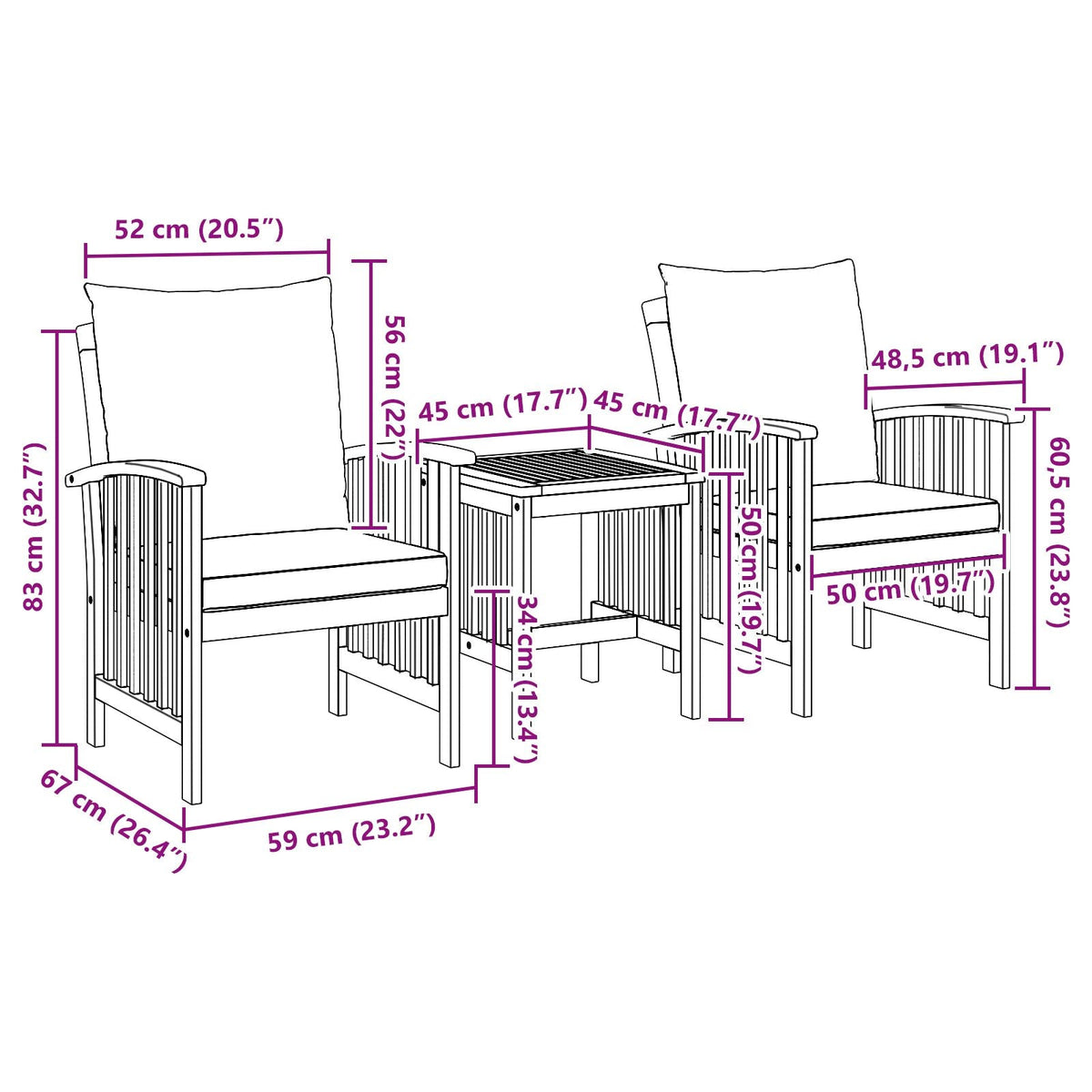 Kron Acacia 3 Piece Garden/Patio Set - 45cm