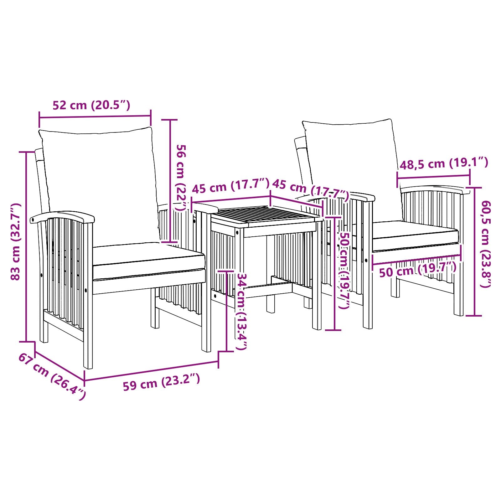 Kron Acacia 3 Piece Garden/Patio Set - 45cm