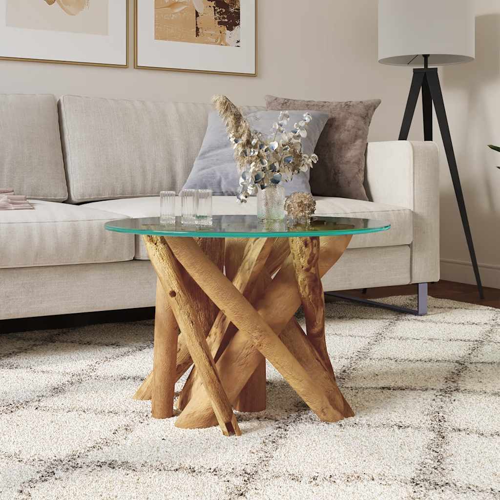 Isola Glass Top Coffee Table - Teak Wood - 60cm Handmade