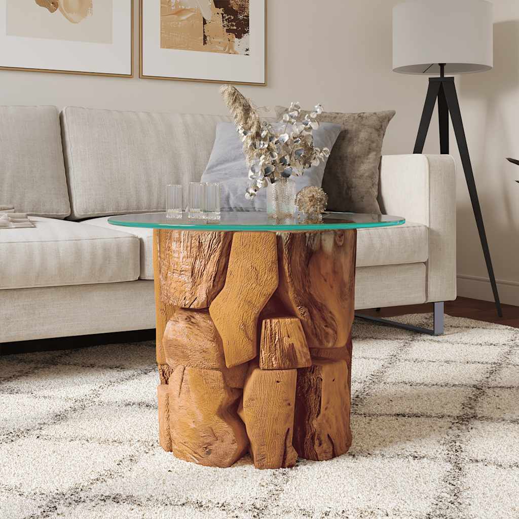 Isola Glass Top Coffee Table - Teak Wood - 60cm Handmade