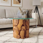 Isola Glass Top Coffee Table - Teak Wood - 60cm Handmade