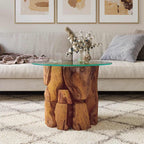 Isola Glass Top Coffee Table - Teak Wood - 60cm Handmade