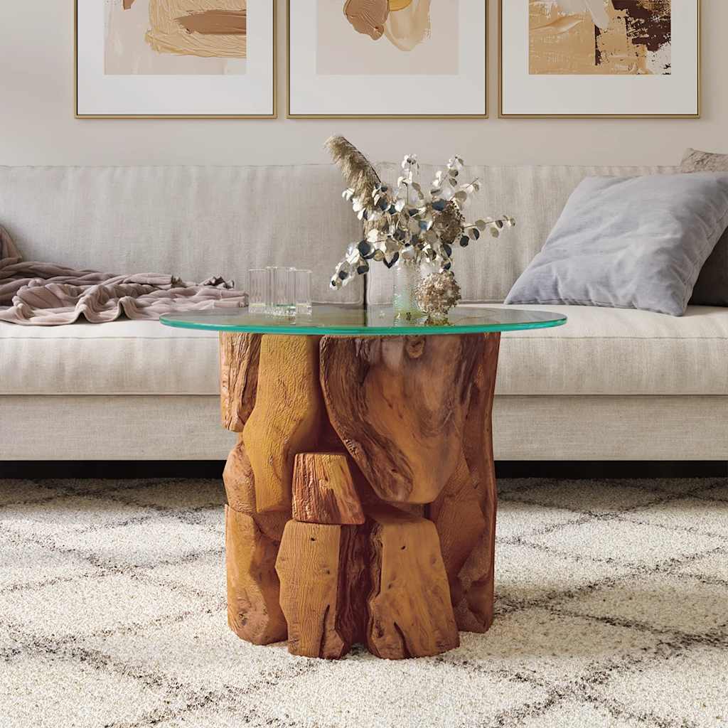Isola Glass Top Coffee Table - Teak Wood - 60cm Handmade