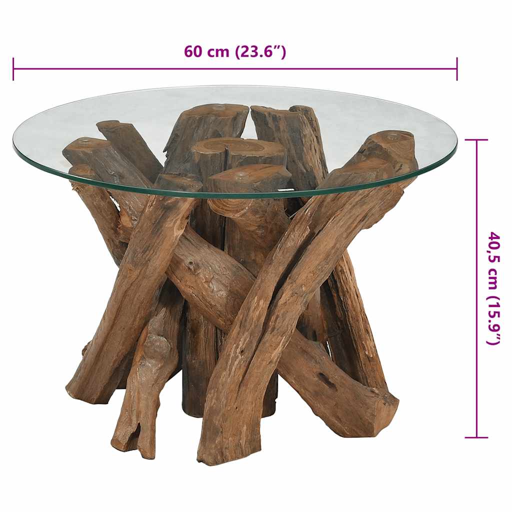 Isola Glass Top Coffee Table - Teak Wood - 60cm Handmade