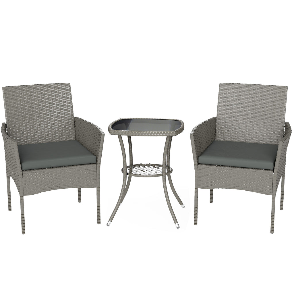 Outsunny 3 Piece Rattan Bistro Set, PE Wicker Garden Furniture Conversation Set with 2 Tier Glass-Top Table, Chairs, Dark Grey