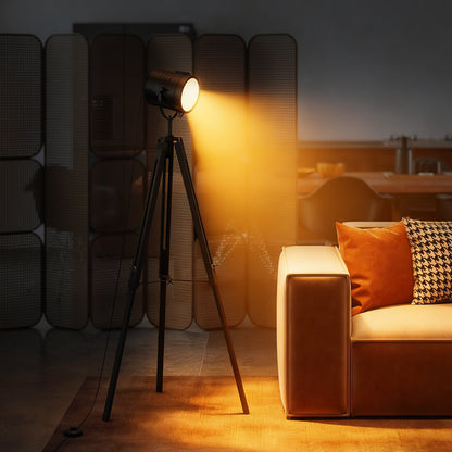Industrial Tripod Floor Lamp, Nautical Searchlight with Adjustable Height, Wood Legs, E14 Lamp Base for Living Room, Bedroom, Black