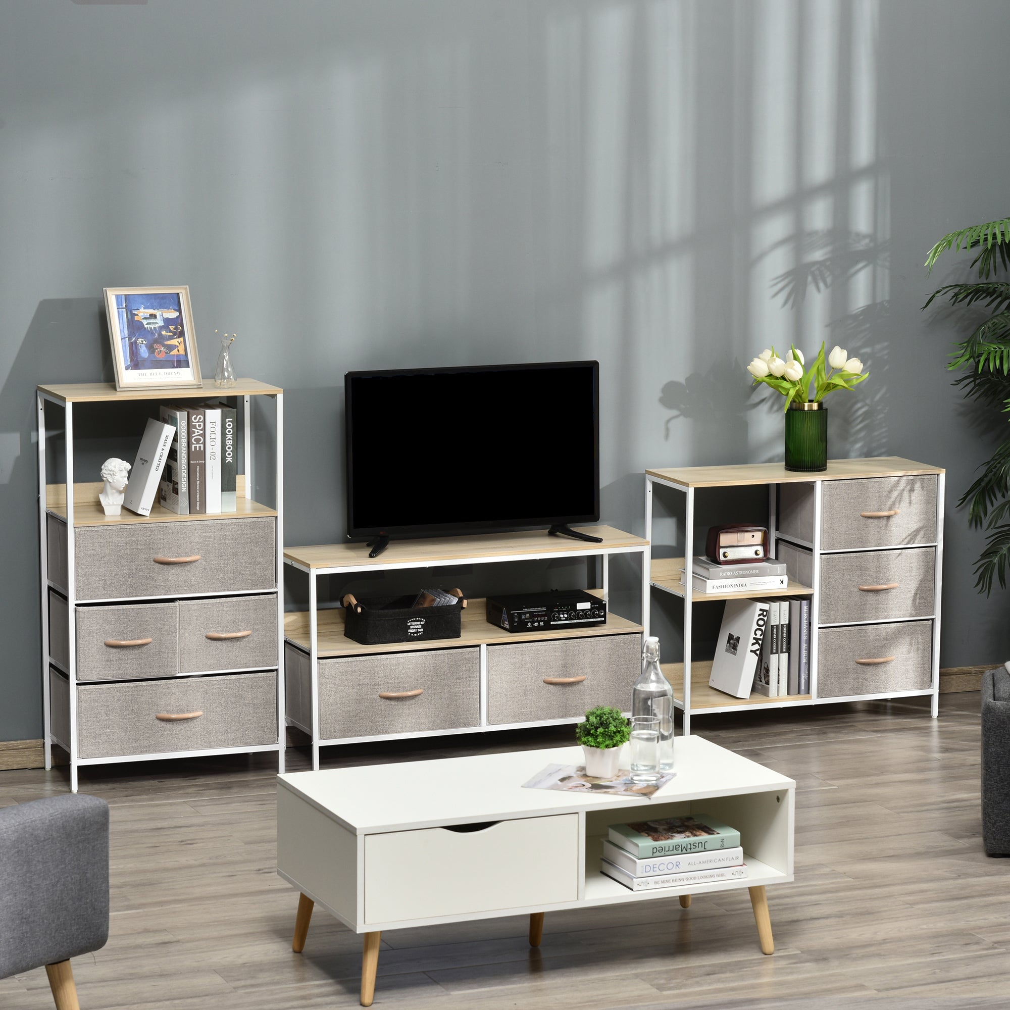 HOMCOM Chest of Drawers Storage  Dresser Cabinet Organizer with 3 Fabric Drawers and 2 Display Shelves for Living Room, Bedroom, Hallway, Beige