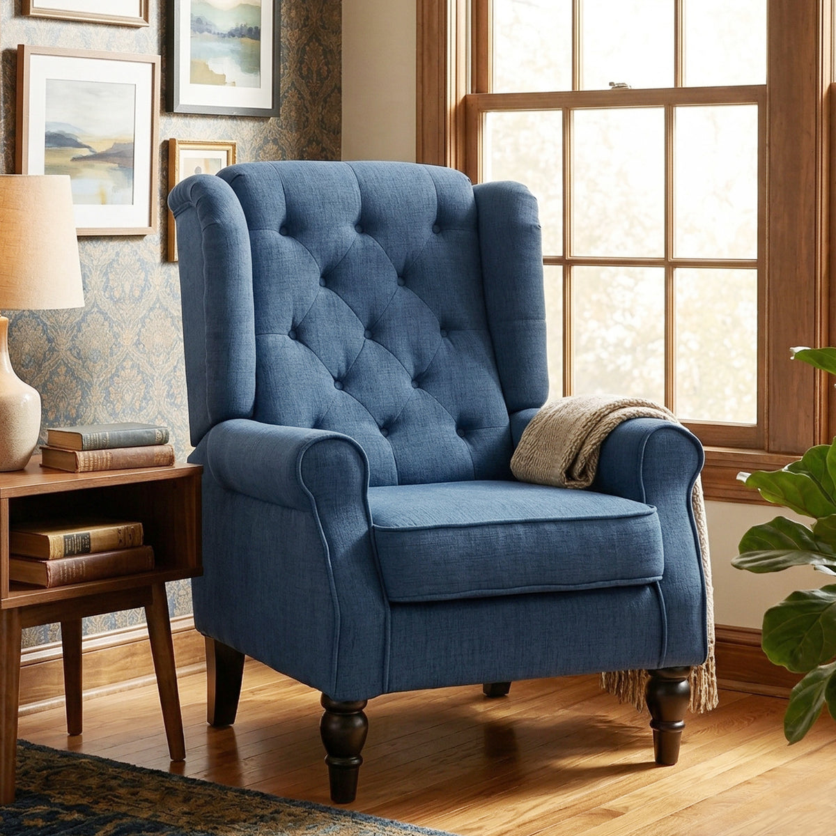 Wingback Accent Chair, Retro Upholstered Button Tufted Occasional Chair for Living Room and Bedroom, Blue
