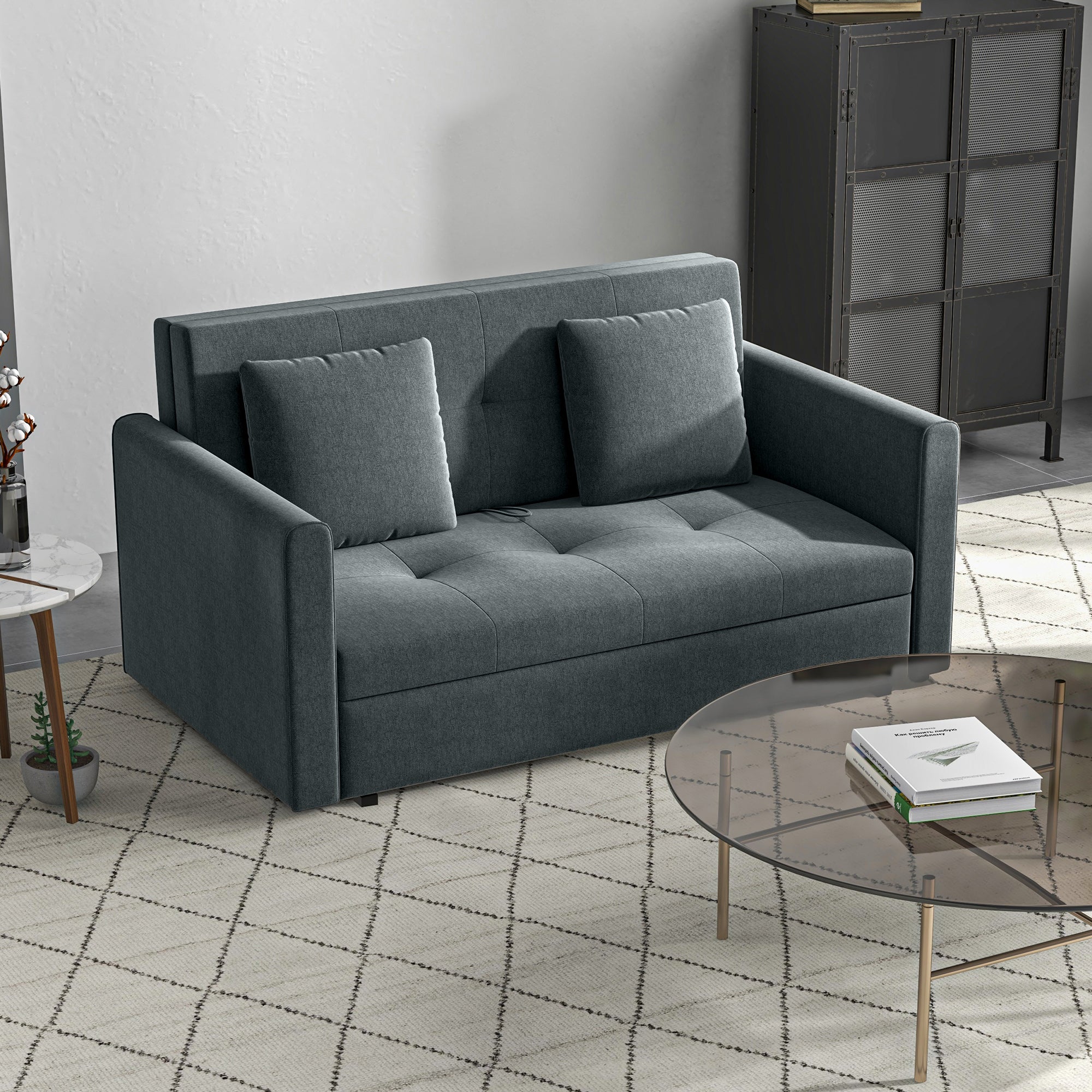 HOMCOM 2 Seater Sofa Bed with Hidden Storage, Pull Out Convertible Bed Settee, Modern Snow Flannel Loveseat Sofa Sleeper with 2 Cushions for Living Room, Guest Room, Dark Grey