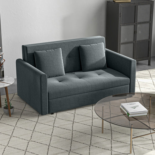 2 Seater Sofa Bed with Hidden Storage, Pull Out Convertible Bed Settee, Modern Snow Flannel Loveseat Sofa Sleeper with 2 Cushions for Living Room, Guest Room, Dark Grey