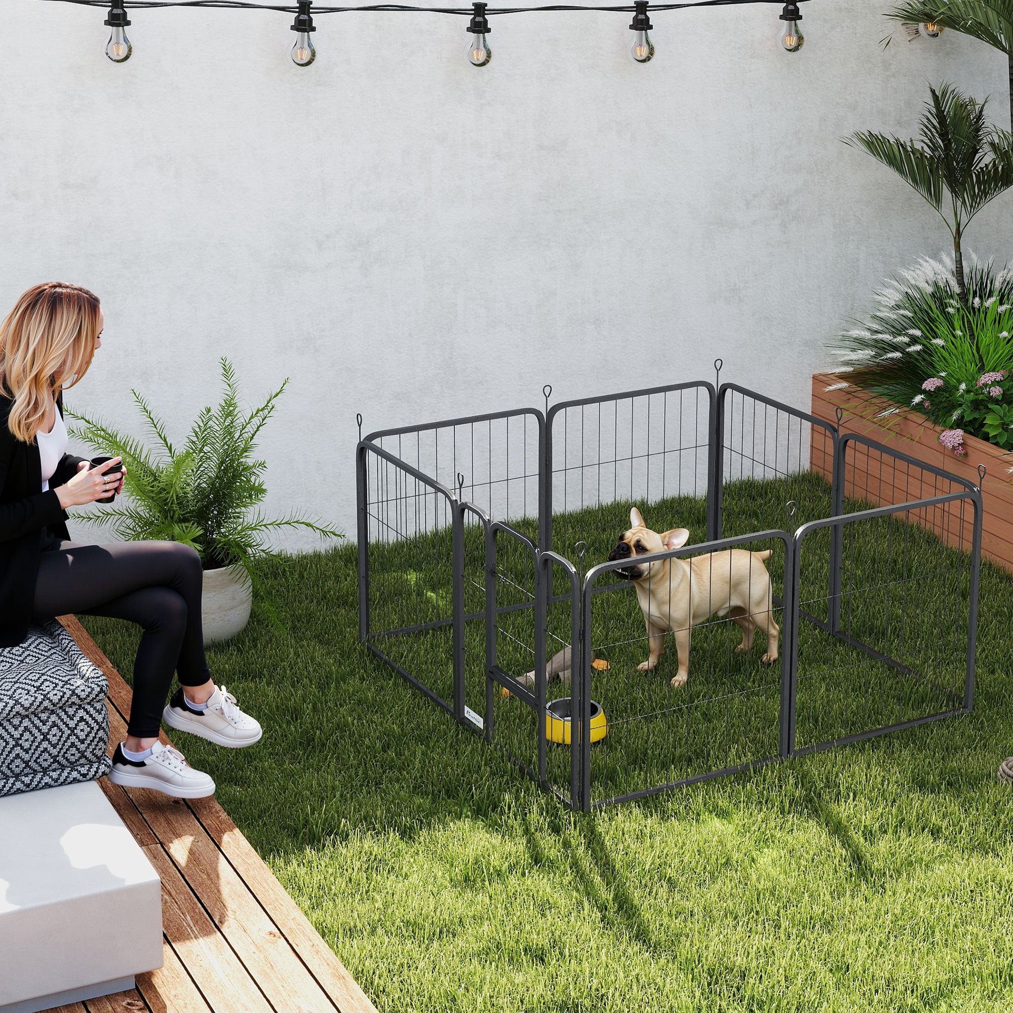 PawHut Eight-Panel Dog Playpen with Door, for Large Dogs, Indoors, Outdoors, 60cm Tall, Black