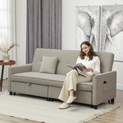 Three-Person Velvet-Feel Sofa Bed - Beige