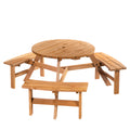 Outsunny Wooden Garden Dining Set, 6 Seater Round Dining Picnic Table with Matching Bench, Garden Furniture Set with Parasol Hole for Outdoor Patio Party and Family Gatherings, Brownish Red