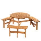 Outsunny Wooden Garden Dining Set, 6 Seater Round Dining Picnic Table with Matching Bench, Garden Furniture Set with Parasol Hole for Outdoor Patio Party and Family Gatherings, Brownish Red