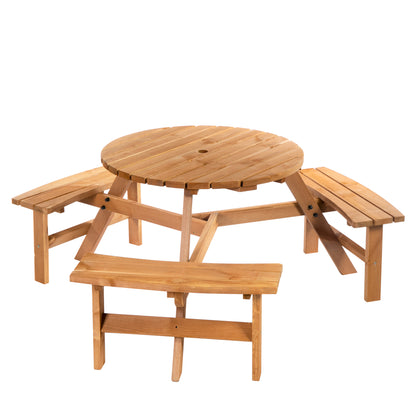 Outsunny Wooden Garden Dining Set, 6 Seater Round Dining Picnic Table with Matching Bench, Garden Furniture Set with Parasol Hole for Outdoor Patio Party and Family Gatherings, Brownish Red