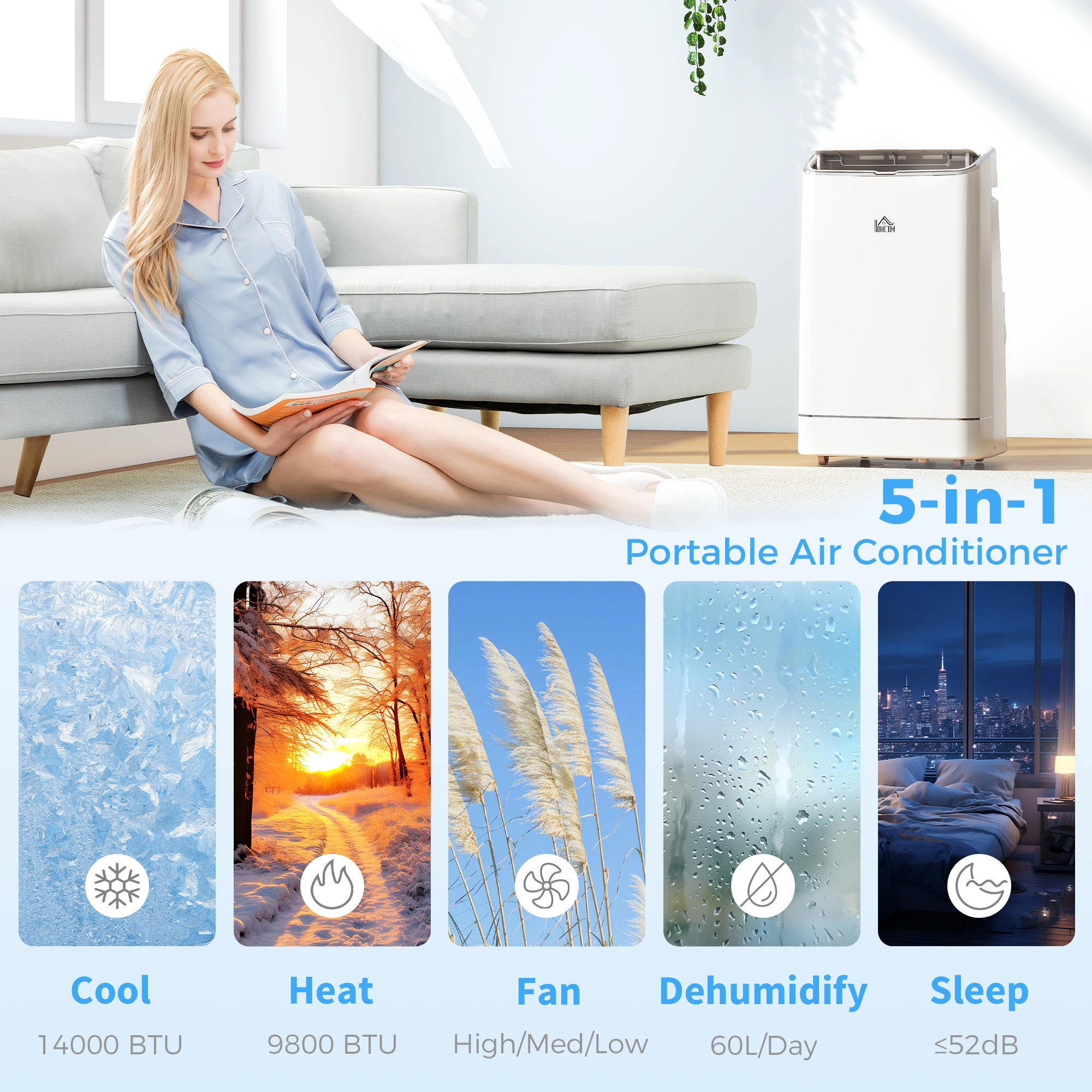 14000 BTU Mobile Air Conditioner, Smart Home WiFi Compatible, with Heater, Cooler, Dehumidifier, Fan, 24H Timer