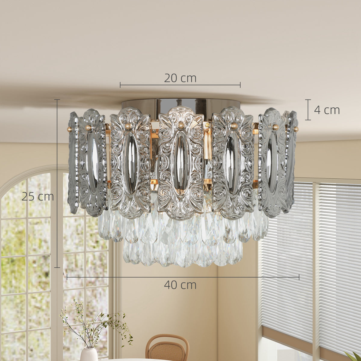 Chandelier Ceiling Light, 3-Light Flush Mount Fixture with Dual Crystal and Smoke Glass Shade, 40 cm LED Ceiling Light for Living Room Bedroom, 3 E14 Sockets, Bulbs Not Included, Gold Tone