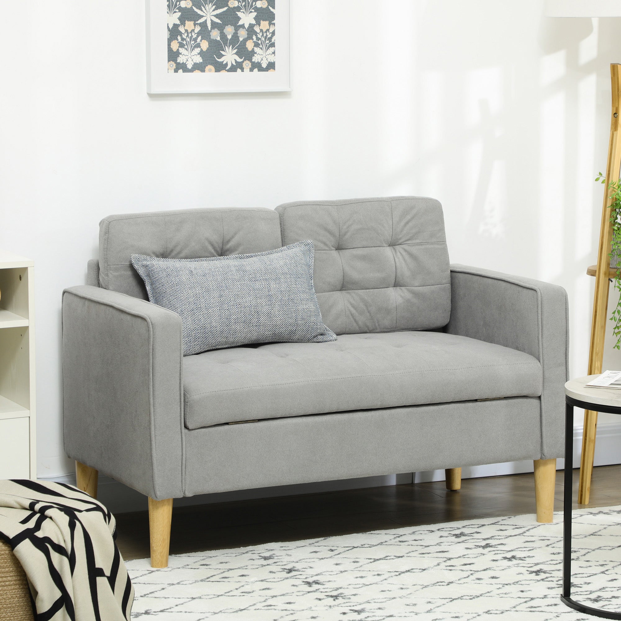 HOMCOM 2 Seater Storage Sofa, Fabric Couch with Hidden Under Seat Storage, Thick Cushions, Compact Space Saving Settee with Rubberwood Legs for Living Room, Apartment, Light Grey