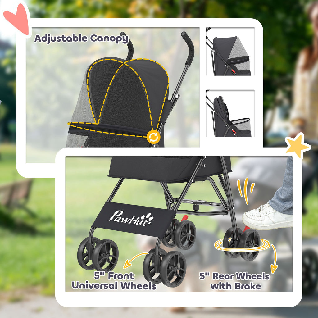 PawHut Dog Stroller, Foldable Cat Dog Pram for Miniature Breeds, Pet Stroller with Brake, Mesh Windows, Black