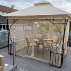 Outsunny 3 x 3(m) Garden Gazebo Patio Party Tent Shelter Outdoor Canopy Double Tier Sun Shade Metal Frame Netting, Beige