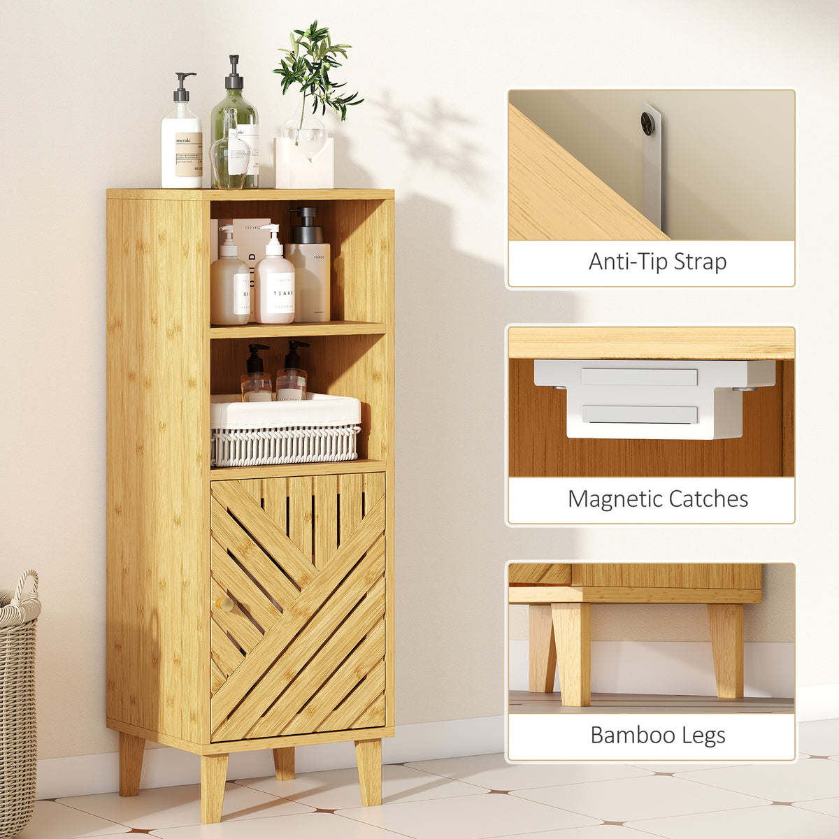 Slim Bathroom Cabinet with Bamboo Door and Legs, Narrow Bathroom Storage Cabinet, Freestanding Storage Cupboard with Open Compartments, 32 x 30 x 90 cm, Natural Wood Finish
