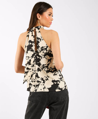 Black and Ivory Printed Halter Neck Top