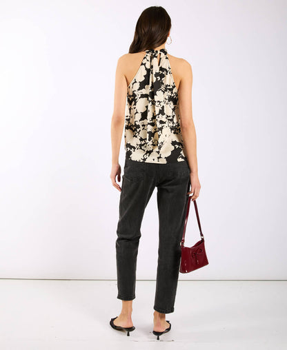 Black and Ivory Printed Halter Neck Top