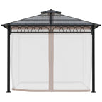 Outsunny 3 x 3 (m) Outdoor Polycarbonate Gazebo, Double Roof Hard Top Gazebo with Galvanised Steel Frame, Nettings & Curtains for Garden, Lawn, Patio and Deck, Khaki