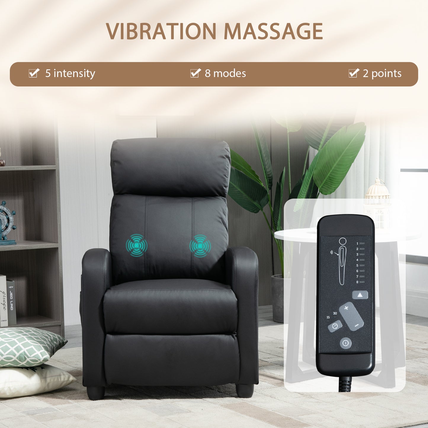 Massage Recliner Armchair with 150° Recline, Faux Leather, Side Pocket, Black
