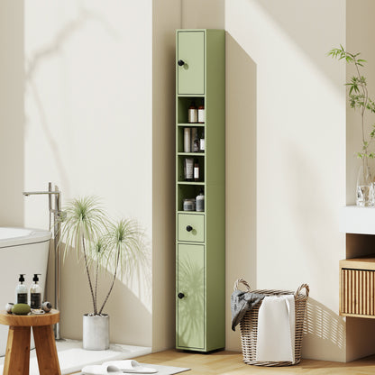 kleankin 180cm Slim Bathroom Cabinet, with Drawer, Shelves and Cupboards - Green