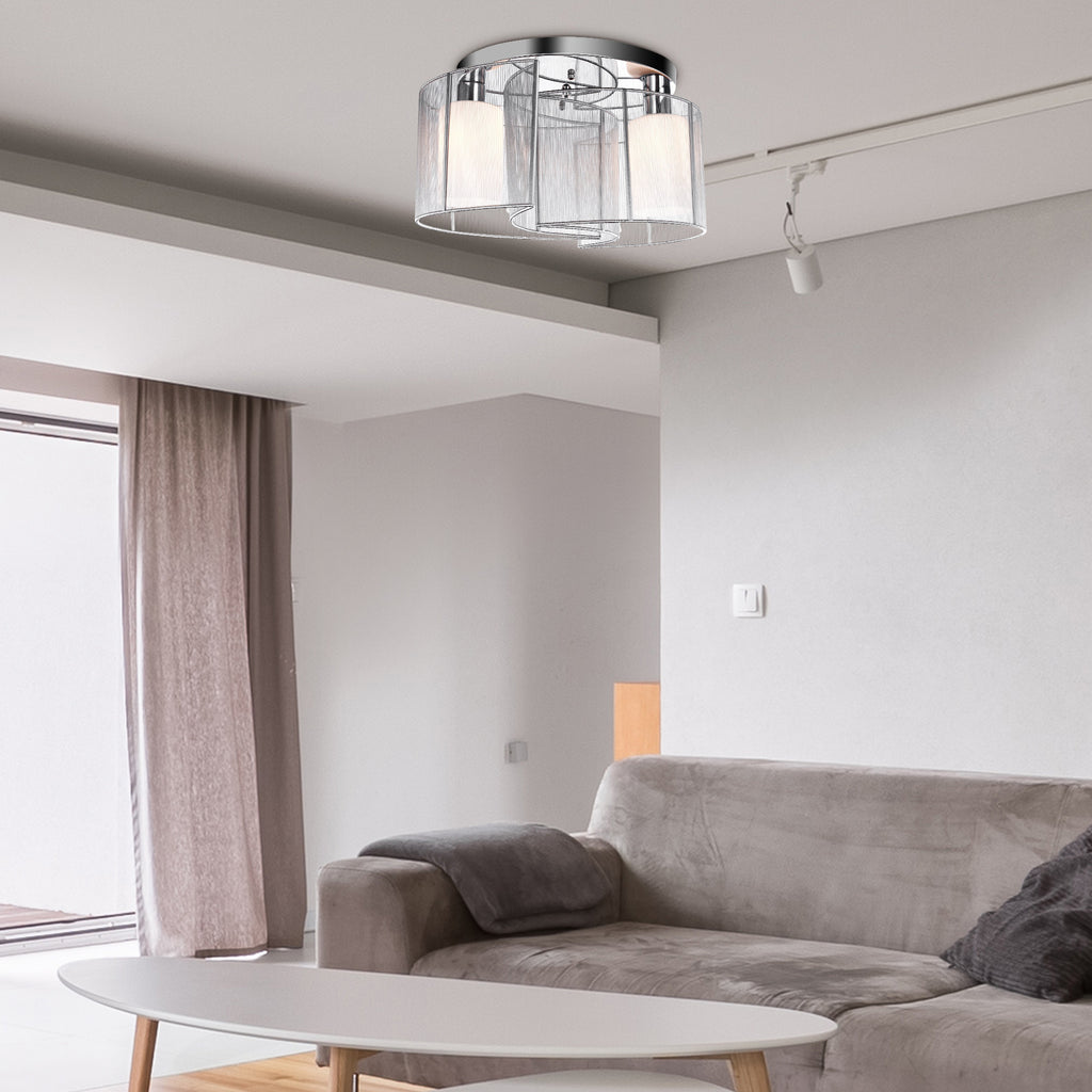 Modern Chandelier, Semi-Flush Mount Ceiling Light with Glass Lampshade, 2 x E27 Bulb Base for Hallway, Dining Room, Living Room, White and Silver