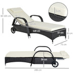Outsunny Rattan Sun Lounger, Garden Lounger Recliner with Wheels and Adjustable Backrest, Outdoor Reclining Sunbed Garden Chair with Cushion and Headrest for Patio, Beach, Terrace, Black