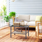 Outsunny Outdoor Rattan Coffee Table with Tempered Glass Top, Storage Shelf, Foot Pads, for Patio, Balcony, Mixed-grey