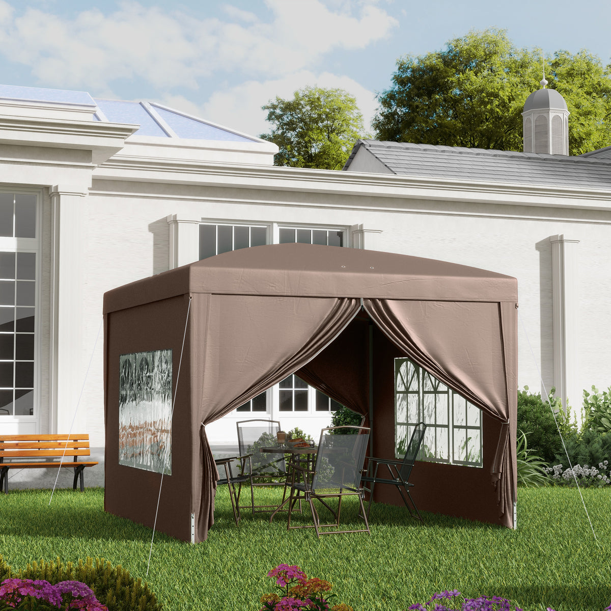 Outsunny 3 x 3 m Pop Up Gazebo, Wedding Party Canopy Tent Marquee with Carry Bag and Windows, Coffee