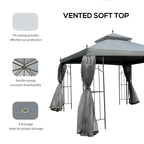 Outsunny 3(M)x3(M) Garden Gazebo Double Top Outdoor Canopy Patio Event Party Wedding Tent Backyard Sun Shade with Netting - Grey