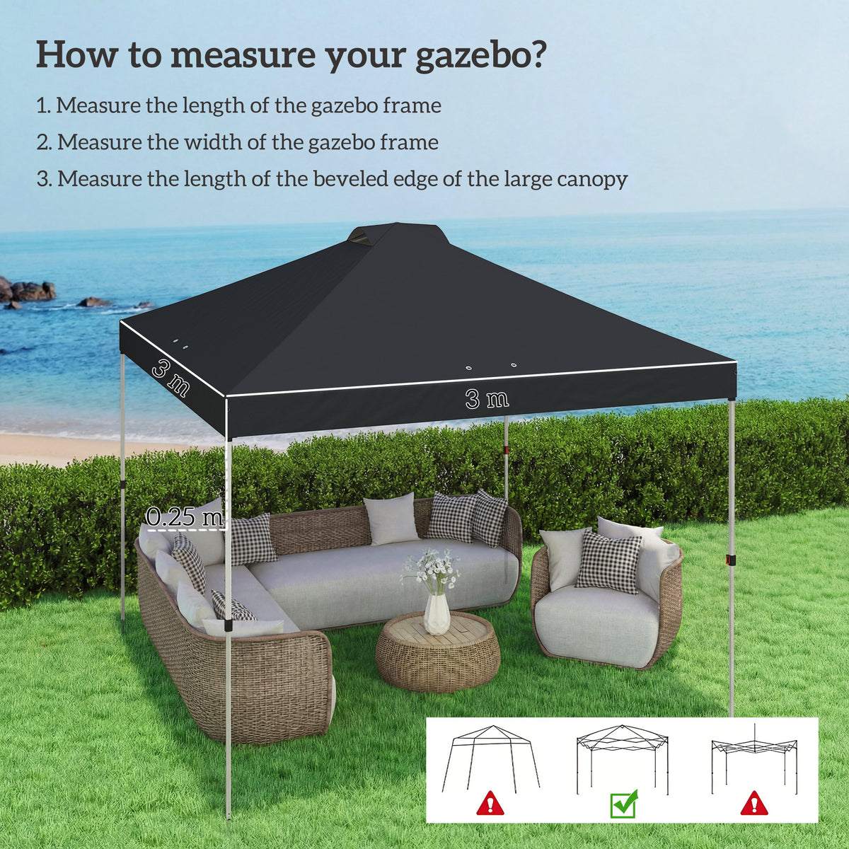 Outsunny gazebo roof replacement UV50+ Waterproof Pop Up Canopy Cover with 8 Drainage Holes 3 x 3 m Black