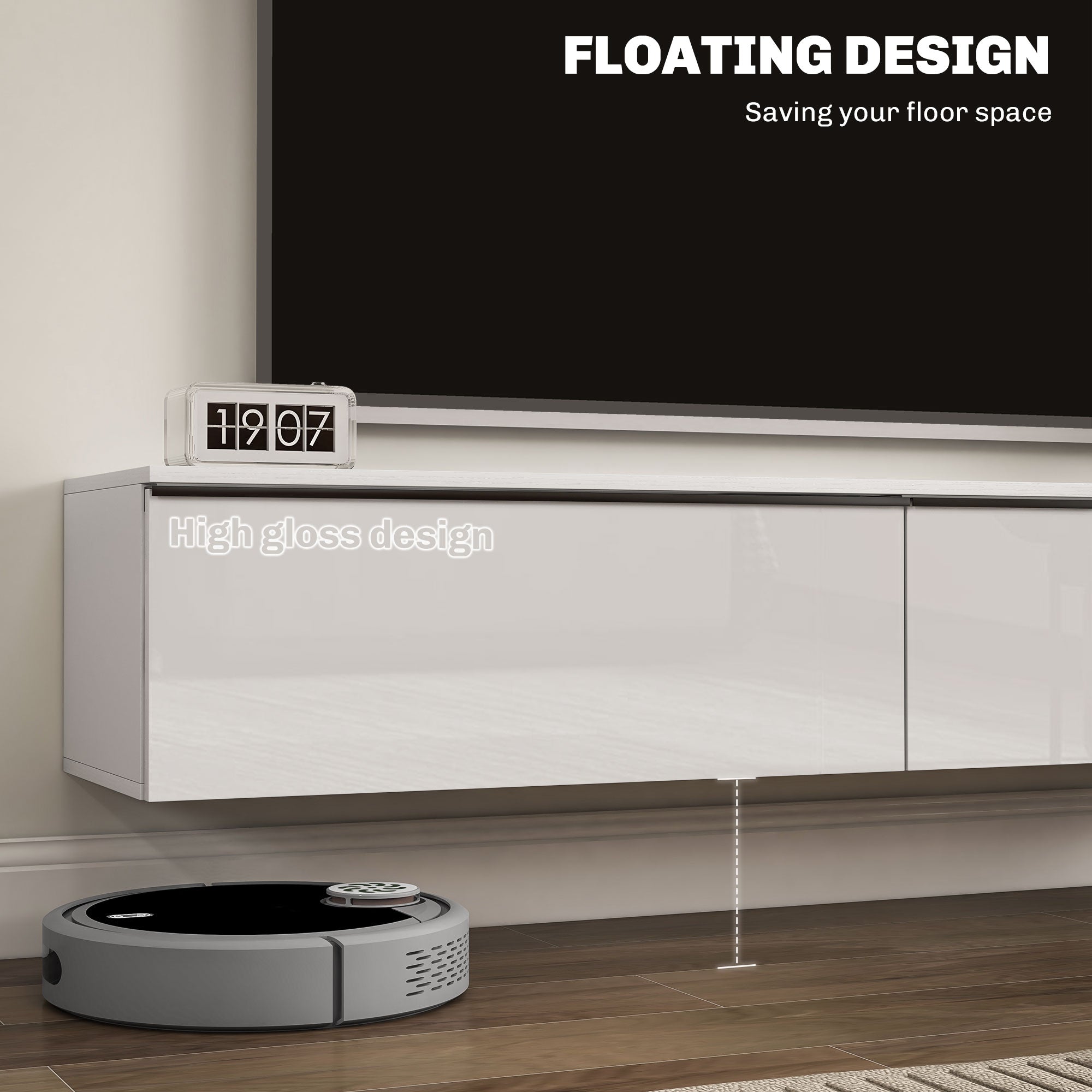 160cm High Gloss Floating TV Unit Stand for TVs up to 70", Wall Mounted TV Cabinet with Storage Cupboards, White