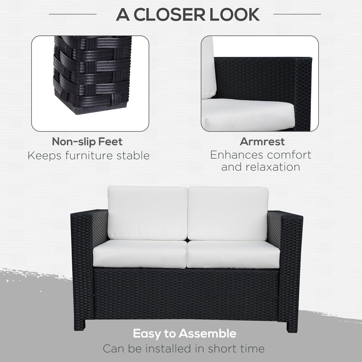 Outsunny Rattan Sofa, 2 Seater Garden Furniture with Soft Padded Cushion and Armrests, Wicker Garden Loveseat for Patio, Black