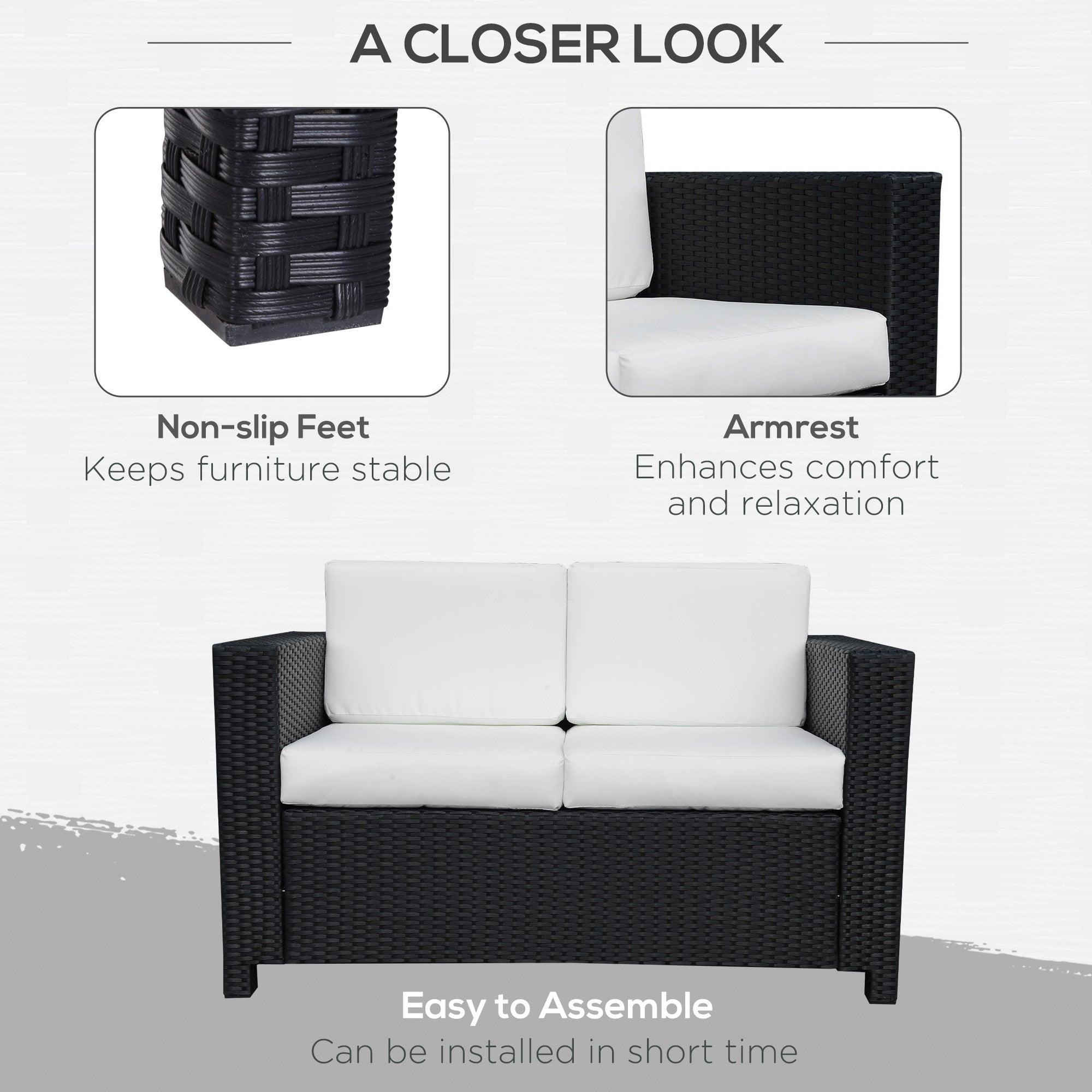 Outsunny Rattan Sofa, 2 Seater Garden Furniture with Soft Padded Cushion and Armrests, Wicker Garden Loveseat for Patio, Black