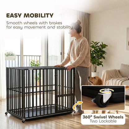 PawHut Heavy Duty Dog Crate, Dog Cage with Wheels for Medium Large Breeds with Removable Tray, Black